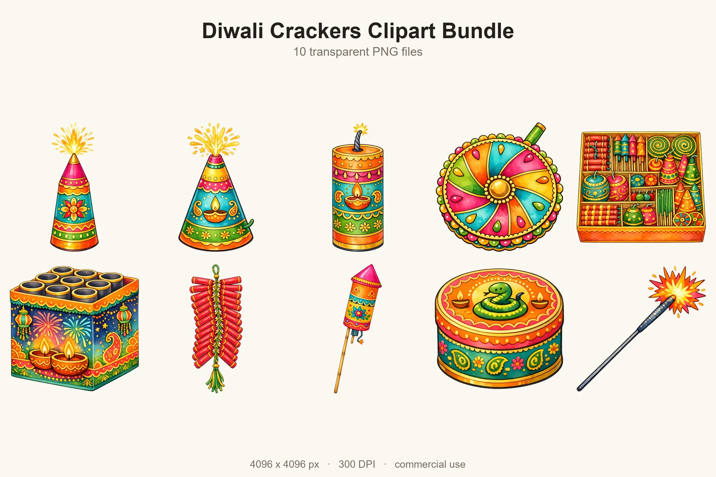 All 10 designs from the Diwali Crackers Clipart Bundle shown together