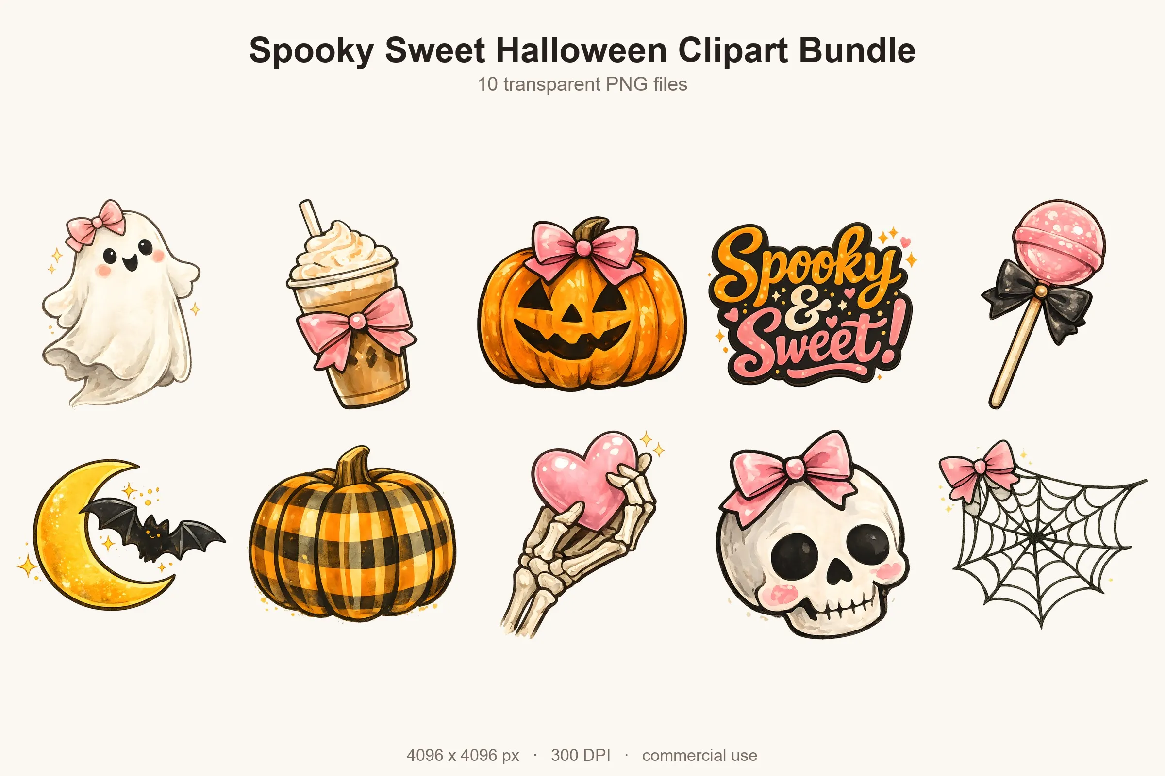 All 10 designs from the Spooky Sweet Halloween Clipart Bundle shown together