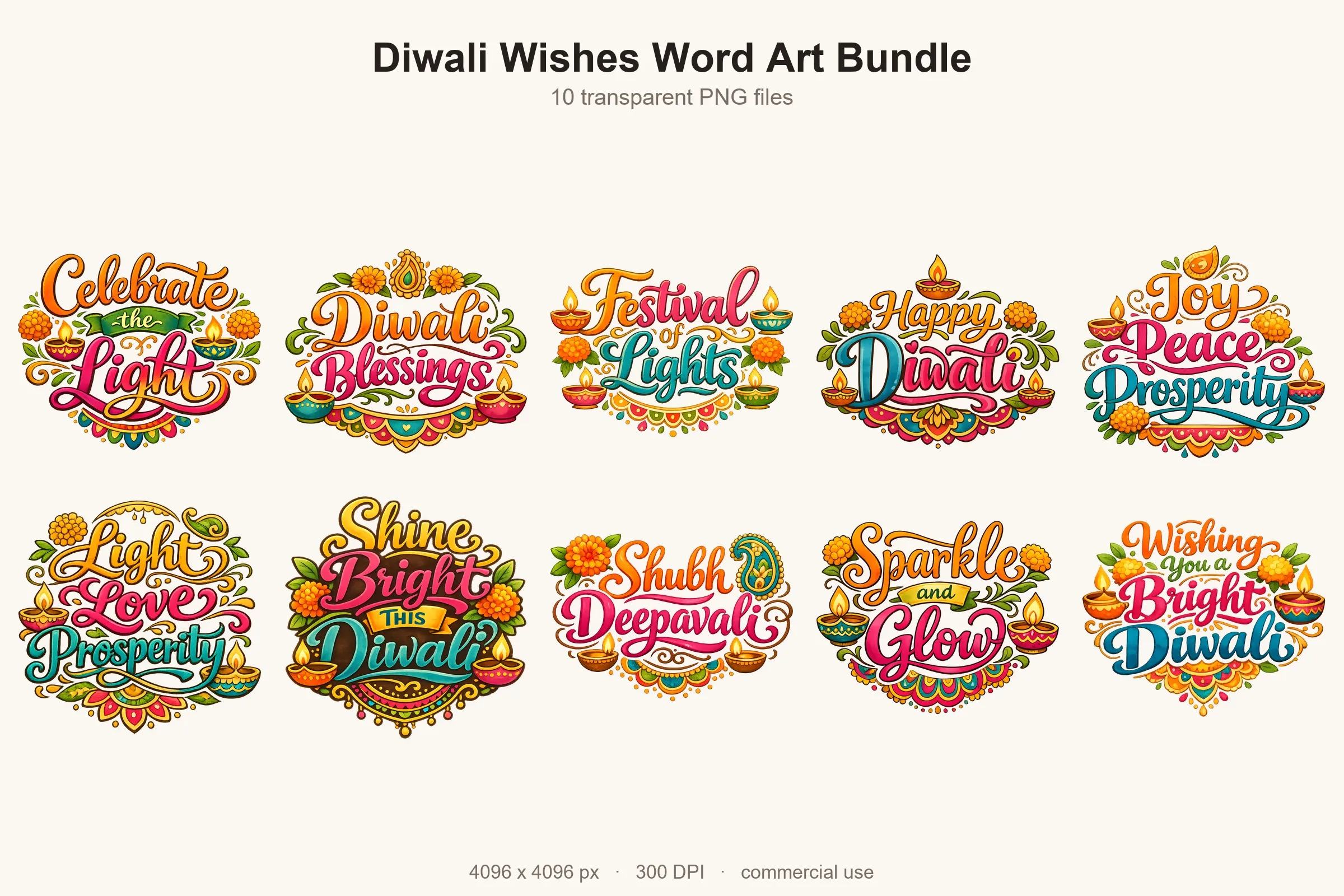 All 10 designs from the Diwali Wishes Word Art Bundle shown together