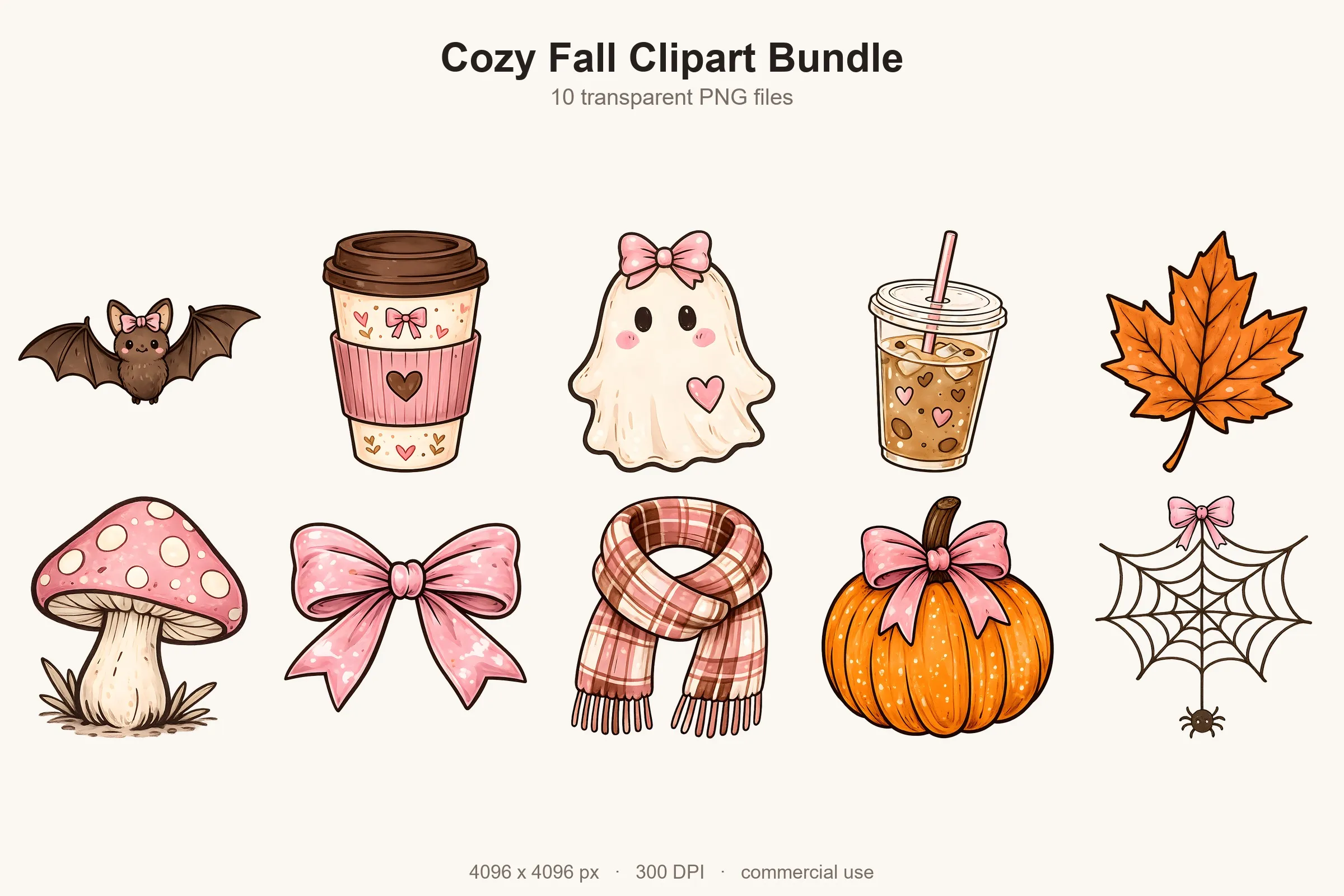 All 10 designs from the Cozy Fall Clipart Bundle shown together