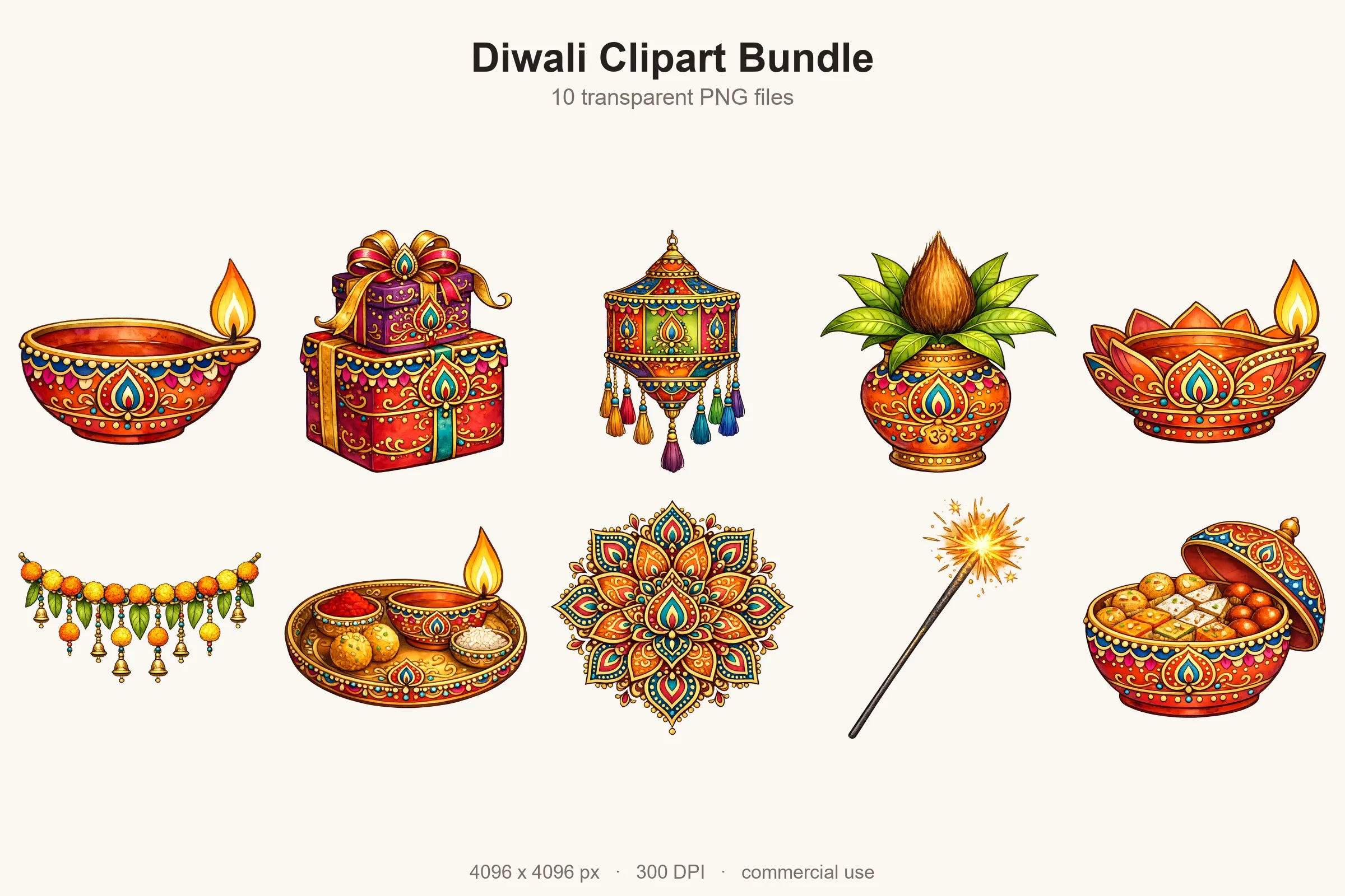 All 10 designs from the Diwali Clipart Bundle shown together