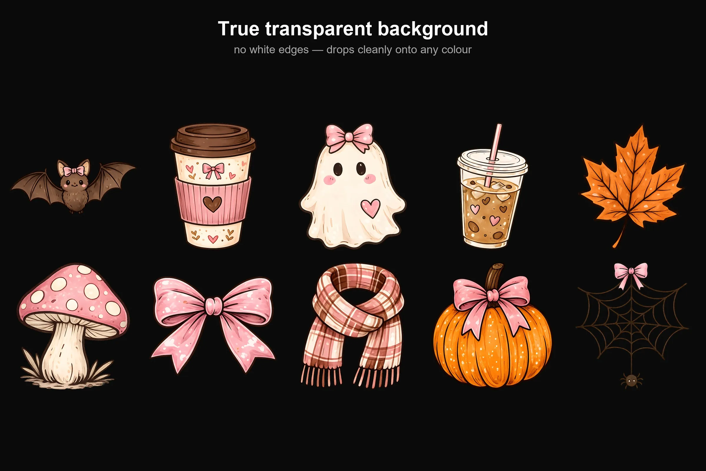 Cozy Fall Clipart Bundle shown on a black background, showing the transparent edges