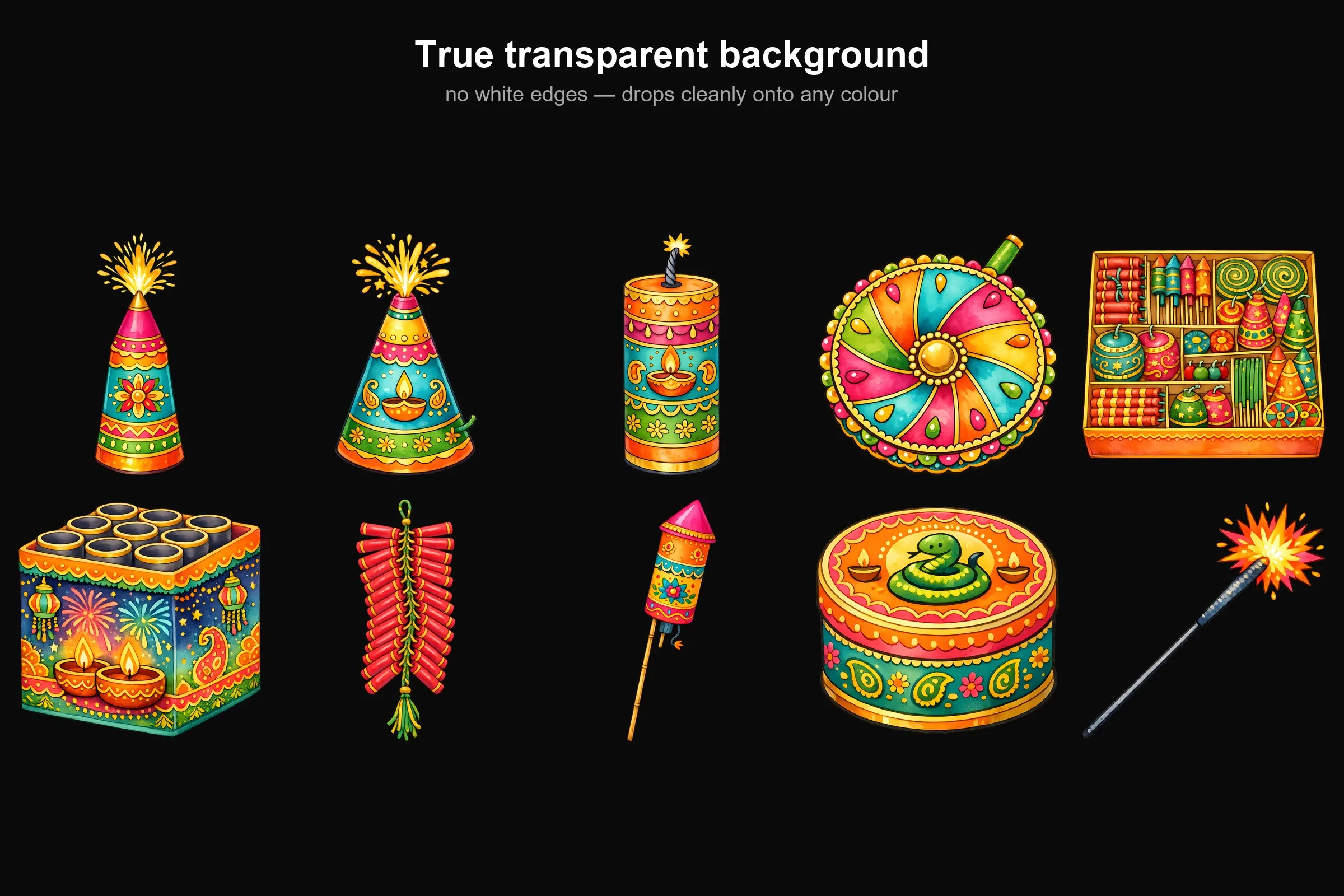 Diwali Crackers Clipart Bundle shown on a black background, showing the transparent edges