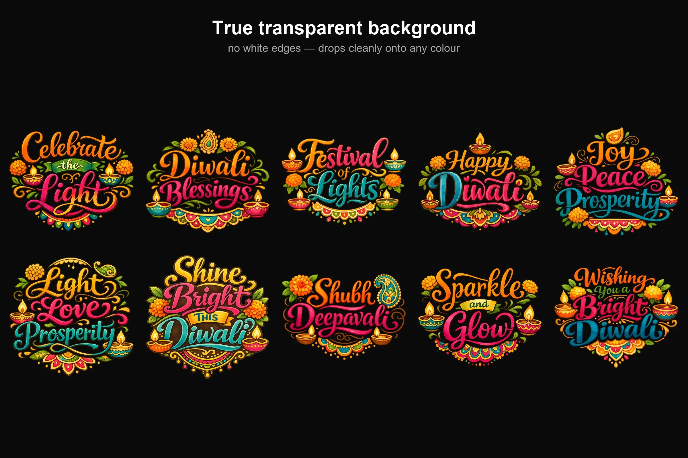 Diwali Wishes Word Art Bundle shown on a black background, showing the transparent edges