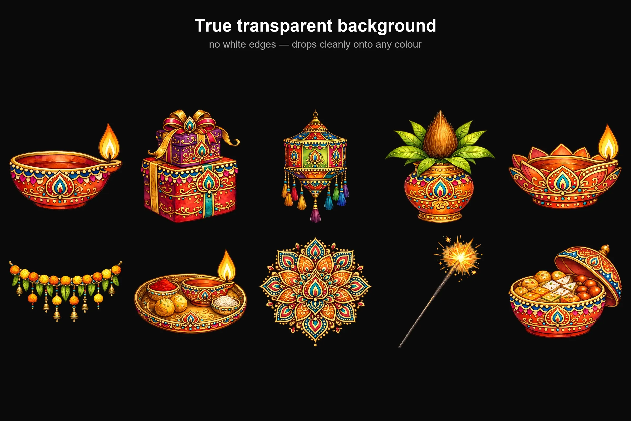 Diwali Clipart Bundle shown on a black background, showing the transparent edges