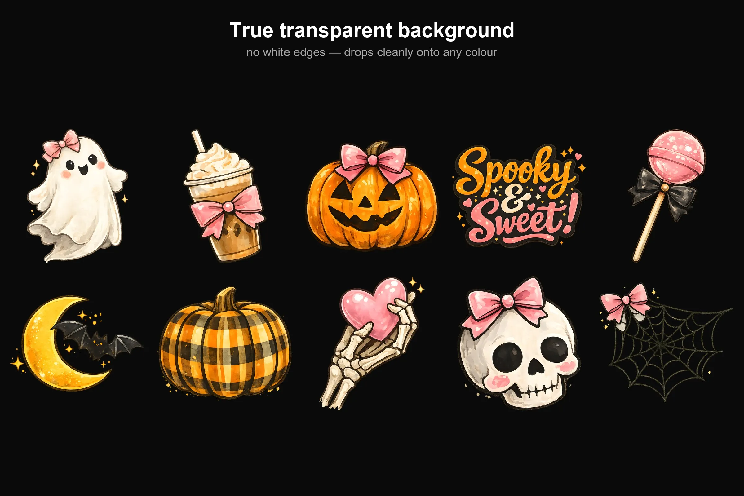 Spooky Sweet Halloween Clipart Bundle shown on a black background, showing the transparent edges