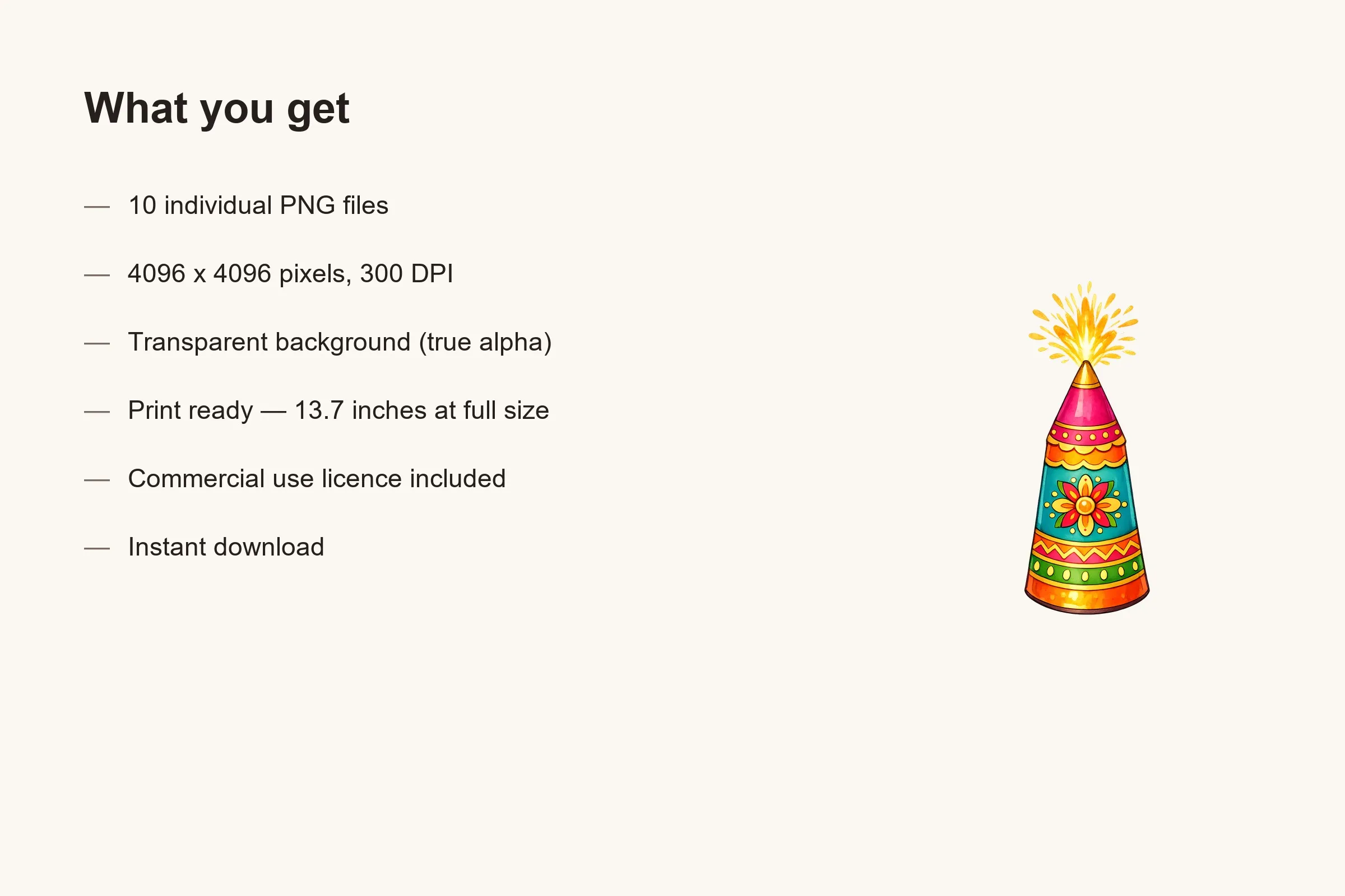 Diwali Crackers Clipart Bundle file details: 10 PNG files at 4096 × 4096 px, 300 DPI