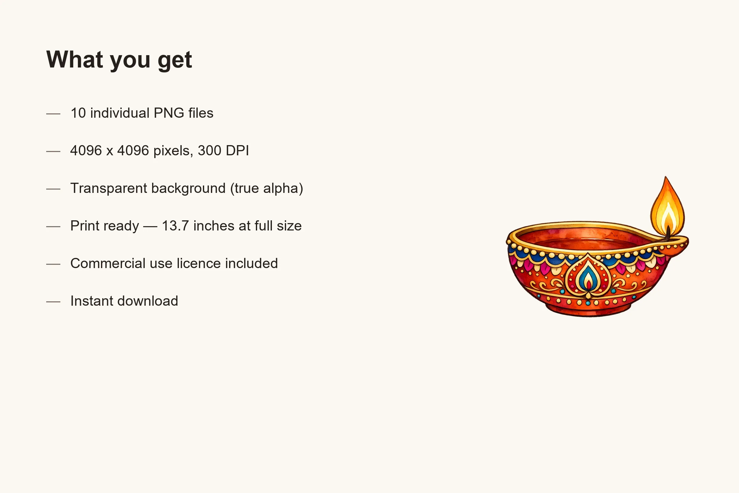 Diwali Clipart Bundle file details: 10 PNG files at 4096 × 4096 px, 300 DPI
